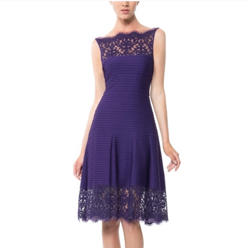 Tadashi Shoji Pintuck Jersey Boatneck Sheer Dress size medium NWOT